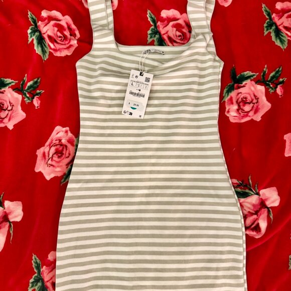 ZARA Striped Bodycon Tank Dress Beige White Size L NWT - Picture 3 of 7